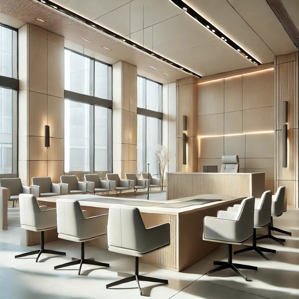 Bursa'da ağır ceza davaları için güvenilir bir hukuk bürosunun iç mekanı, modern tasarım ve profesyonel atmosfer.